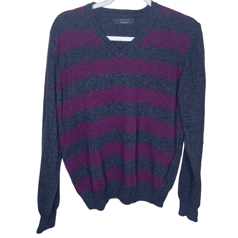 Zara Man Basic Men’s Sz Med Grey Maroon Striped V Neck Pull Over Sweater